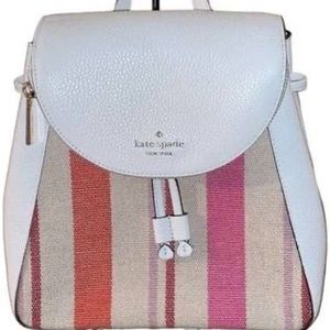Kate Spade Leila Striped Canvas Pebble Leather Medium Flap Shoulder Backpack